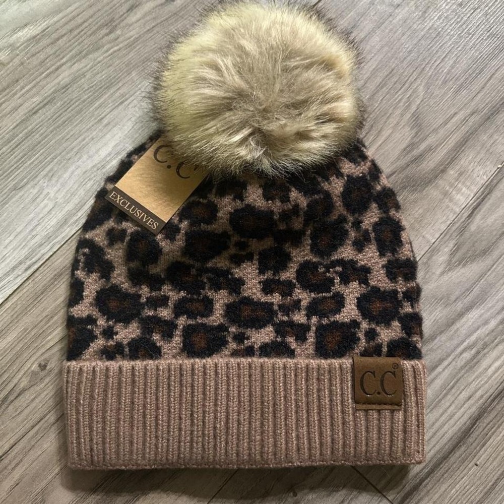 CC Beanie Leopard Print Stocking‎ Hat with Pom Pom
